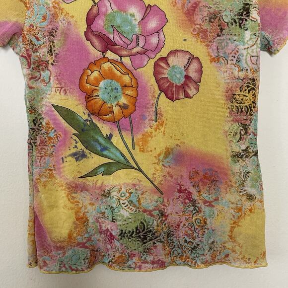 Vtg Yellow Colorful Sheer Mesh Flower Paisley Graphic Baby T Shirt Y2K Fairy M - Picture 3 of 9